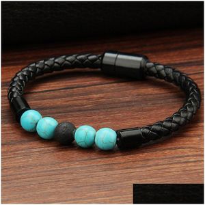 Charm Bracelets Mens Genuine Leather Lava Rock Bead Brackets For Women Natural Turquoise Essential Oil Diffuser Stone Magnetic Buckle Dhhxv