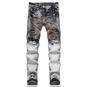 Grey Ripped Men's Jeans, Letter Embroidered Denim Pants, Slim-Fit Stretch Jeans, High Street Small Straight Trousers