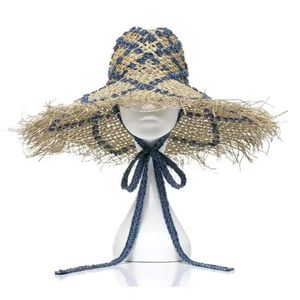 Kadınlar için saçaklı ağzına kadar yaz şapkası mavi çene plaj şapkası çiçek desen panama saman güneş şapkalar bayanlar açık derbi seyahat şapkası 240528