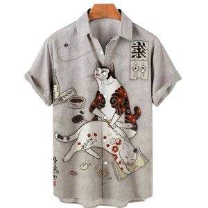 Herren -Hemdhemden Unisex Mens Hawaiian Shirts 3D Drucke Vintage Japanische Samurai Katze Graprhics Hemden Harajuku Kurzarm Tee Tops für Jungen Q240528