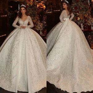 Underbar bollklänning bröllopsklänning o nacke långa ärmar brudklänning paljetter applikationer svep tågklänningar skräddarsydda vestidos de novia