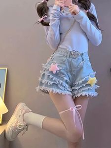 Adairl Mavi Kadın Denim Kısa Kawaii Yaz Y2K Pantolon Kızlar İçin Yüksek Bel Tatlı Şortları Japonya Cutecore Giyim 240524