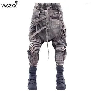 Men's Pants Multi Dimensional Pockets Asymmetric Straped Cargo Heavy Industry Distressed Darkwear Trousers For Men