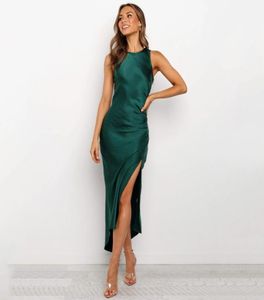Grön satin split långa klänningar ärmlös wrap kändis samla maxi party klänning elegant vintage vestidos femme oregelbundet5111620