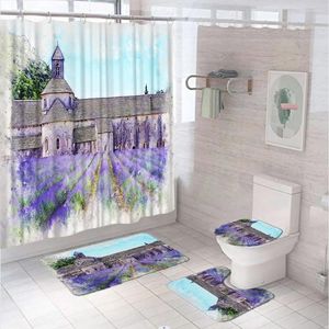 Shower Curtains Oil Painting Country Lavender Flower Field Curtain Set Vintage Farmhouse Bathroom Screen Bath Mat Toilet Lid Cover Carpet