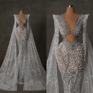 Retro Lace Mermaid Wedding Dresses Illusion Long Sleeve Beading Vestidos Custom Made Zipper Back Bridal Gowns
