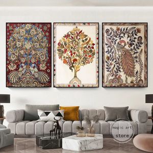 Fiori di pavone indiani tradizionali vintage albero della vita madhubani poster arte tela dipinto di pittura stampa per parete decorazione per la casa