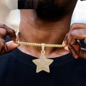 Hip Hop Pentagramm Anhänger Halskette für Männer Frauen Ehepaar feiner Qualität glänzend echtes Goldfarbe Kubikzirkonia Fünf Punkt Star Charme Ins Schmuck Geschenke Bijoux