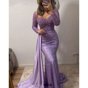 Vintage Purple Prom Dresses 2024 Mermaid Long Sleeves Pearls Evening Vestidos De Noche Party Occasion Dresses For Women 0529