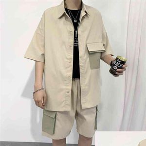 Men'S Tracksuits Mens Set Clothing Shirt Shorts Suitwork Pocket Korean Style Summer Oversize Casual Cotton Short Knee-Length Pants F Dhruz