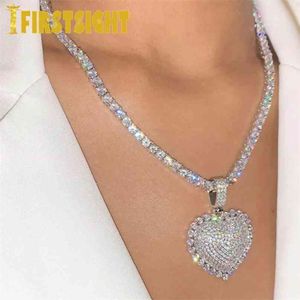 Silver Color Heart Pendant Choker HipHop Full Iced Out Cubic Zirconia 5A CZ Stone Tennis Chain Necklace Women Jewelry 210721 219K
