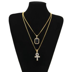 Pendant Necklaces Mens Egyptian Ankh Key Of Life Necklace Set Bling Iced Out Cross Mini Gemstone Gold Sier Chain For Women Hip Hop Jew Dhppj