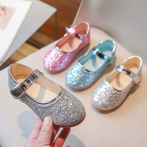 Flat Shoes Girls Leather Shoes Bling Mary Jane Shoes Sequined Tyg Princess Shoes Sliver Wedding Shoes Childres Ballet Flats Dance 271R WX5.28