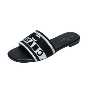 Slipare kvinnors broderade tyglides tofflor, avslappnad sommarstrand flip flops, blommig brokad randig redskap, svartvita tryck