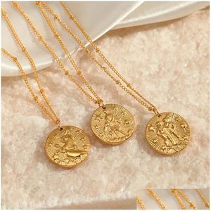 Pendant Necklaces Fashion Zodiac Signs Stainless Steel Necklace For Men Women Luxury Twee Constellations Embossed Clavicle Drop Deliv Dhdnl