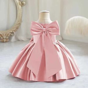 Girl's Dresses Stumbling toddler girl over 1 year old with a big bow dress pink baby washing formal Christmas ldrens clothing H240530