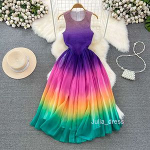 Mode und luxuriöser Temperament Ärmel und rundem Hals mit Bund und schlankem A-Line-Regenbogen-Gradienten-Chiffon-Kleid eleganter langer Rock