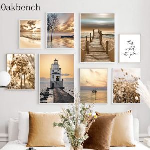 Bridge Wall Art Sea Beach Canvas Poster Boat Dried Grass Art Prints Lighthouse Wall Pictures Nordic Posters Living Room Decor