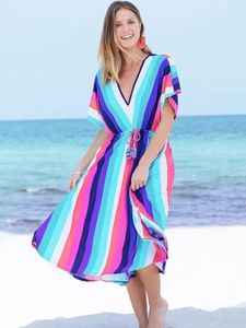 Färgglada Kaftan Beach Long Tunika Bohemian Loose Summer Dress Robe Plus Size Women Wear Swim Suit Cover Up Q1232