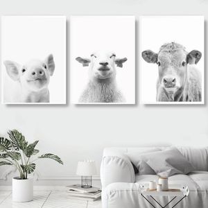 黒と白の農場の動物のポスターとプリント豚羊と牛のキャンバスペインティングウォールアート写真ホームバールームの装飾