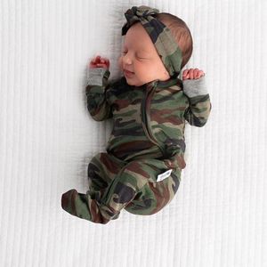 Baby Camouflage Tryckt Rompers Infant Girls Zipper Long Sleeve Jumpsuits Fashion Toddler Kids Cotton Climb Clotle With Bow pannband S1453