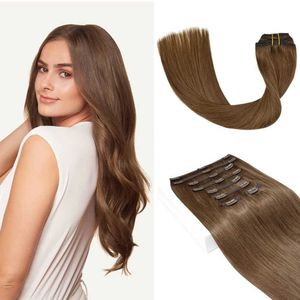 Hair Wefts Hair Clip in Human Hair extensions #6 chestnut brown double Weft thick 120g 8a soft smooth straight cigar Q240529