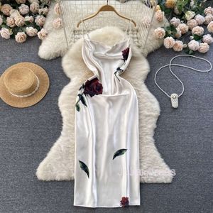 여름에 여성을위한 민족 스타일 서스펜더 드레스 섹시한 슬림 한 적합한 기질 스플릿 프린트 드레스 긴 치마 트렌드
