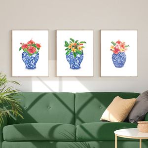 Akvarell chinoiserie vaser med blommor bukett affischtryck canvas utskrift väggkonst bild för vardagsrum hem dekor gåva