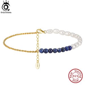 Orsa Jewels Silver 925 Lapis Lazuli Natural Pearls Chain Anklets for Women Fashion Summer 14K Gold Ankle Straps Jewelry SA56 240529