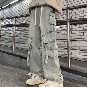 Męskie spodnie jesień i zima nowe japońskie męskie dżinsy American Retro Street Micro La myte z szerokim nogą Pants Y240522