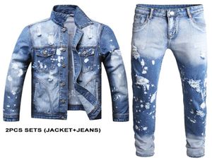 Blå spårningsdräkter rippade hål Mens 2 -stycken Set Autumn Winter kontrasterande färgdesign Slim Fit Denim Jacket jeans conuntos de ho4714545