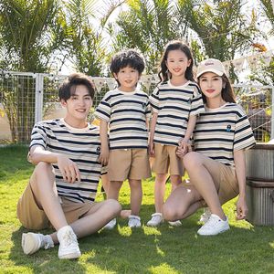 Stylish Matching Outfits with Striped Short Sleeve T-shirts, Perfect for Family Photos