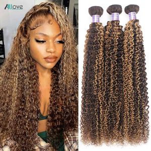 Hårfjädrar Allove Highlight Curly Bundle Human Hair P4 27 Ombre Honey Gold Hair Bundle Brasilian Remi Color 1/3/4 Piece Remi Hårförlängning Q240529