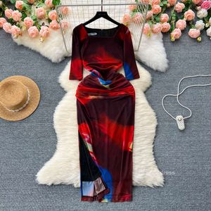 Elegant Goddess Style High Grade Square Neck 5/4 Sleeves Dress Womens Mind Machine Side Split Slim Fit Printed Long Dress