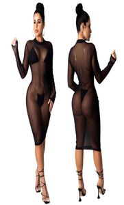 2020 Womens Sexy Mesh Fishnet Dress Cover Up Long Sleeve Mini Dress Black Female Mesh Transparent Night Club Wear Holiday Dress Ve8223234