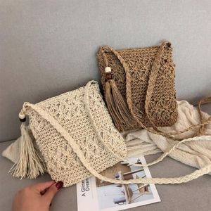 Torby wieczorowe kobiety tkane słomkowe torba na ramię z frędzlami boho hollow na szydełku crossbody torebka makrama torebka 225W