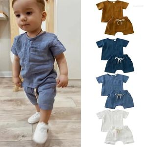 Clothing Sets Toddler Baby Girls Cotton Linen Shorts Set Infant Solid Short Sleeve T-shirt Top Elastic Waist Pants 2pcs Kids Outfits