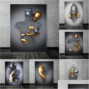 Paintings Couples Metal Figure Statue Canvas Painting Nordic Love Kiss Poster And Prints Sexy Body Wall Art Pictures For Living Room Dh89F