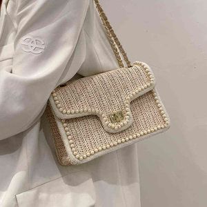 Weave Square Crossbody Bag 2022 Sommerhandtasche Neue Qualität Stroh Pearl Damen Designer Handtasche Perle Kettenumhängetasche Handtasche Y22040 154d