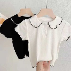 T-shirts Kids Girls Cute Summer Tops Peter Pan Collar T-shirts 2022 New Arrival Children Casual Solid T-shirts Black White Korean Style d240529