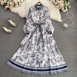 Spring new style lapel with waistband and thin positioning print A-line dress with high sense large hem long skirt