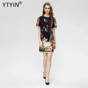 Party Dresses Ytyin Fashion High Quality Summer Short-Sleeve Patchwork Crystal Diamond Print Elegant Retro Floral Beautiful Short Mini