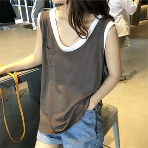 Summer Patchwork Lose Fake Two Pieces T Shirt Topps V Neck SleeDeless All-Match Pullovers Casual Fashion Women Clothing 240529