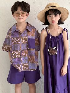Ubrania dla dzieci Set Summer Nowe dziewczęta sukienka bez rękawów Toddler Boys Koszulki Koszulki Suit Dzieci brat siostra stroje 240529