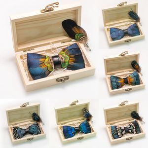 Jemygins Exquisite Handmade Feather Bow Brooch Set With Wooden Gift Box Pre Tied Mens Tie
