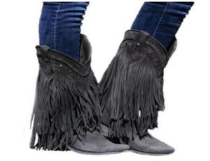 Bohemia Style Women Mid-calf Low Heel Motorcycle Boots Fringed Cowboy Boots Shoes Spring Autumn Women Tassels8358467