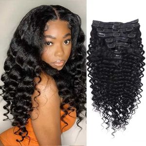 Hårfjädrar Deep Wave Clip Female Human Hair Extension 8st Förlängning True Human Hair Curly Tjocklek upp till 120 g/Set Q240529