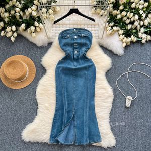 Baharatlı Kız Tarzı Askı Denim Elbise Kadınlar Yaz Koleksiyonu Bel ve Yarık Tasarım Küçük Bir Figür Uzun Etek