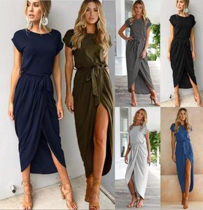 2018 New Spring Fashion Elegant Dress Plusサイズの女性服カジュアル半袖Oneck Blue Dress Rooles Split不規則なドレス9555401