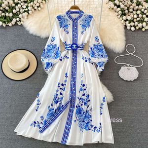 Spring new palace style blue and white porcelain printed stand collar single breasted dress elegant temperament big swing dress
